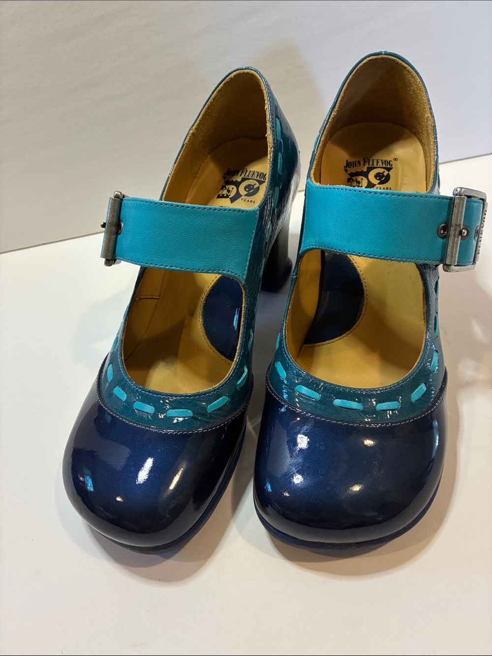 John Fluevog Operetta Dr. Henry Navy and Teal Mary Jane Heels
